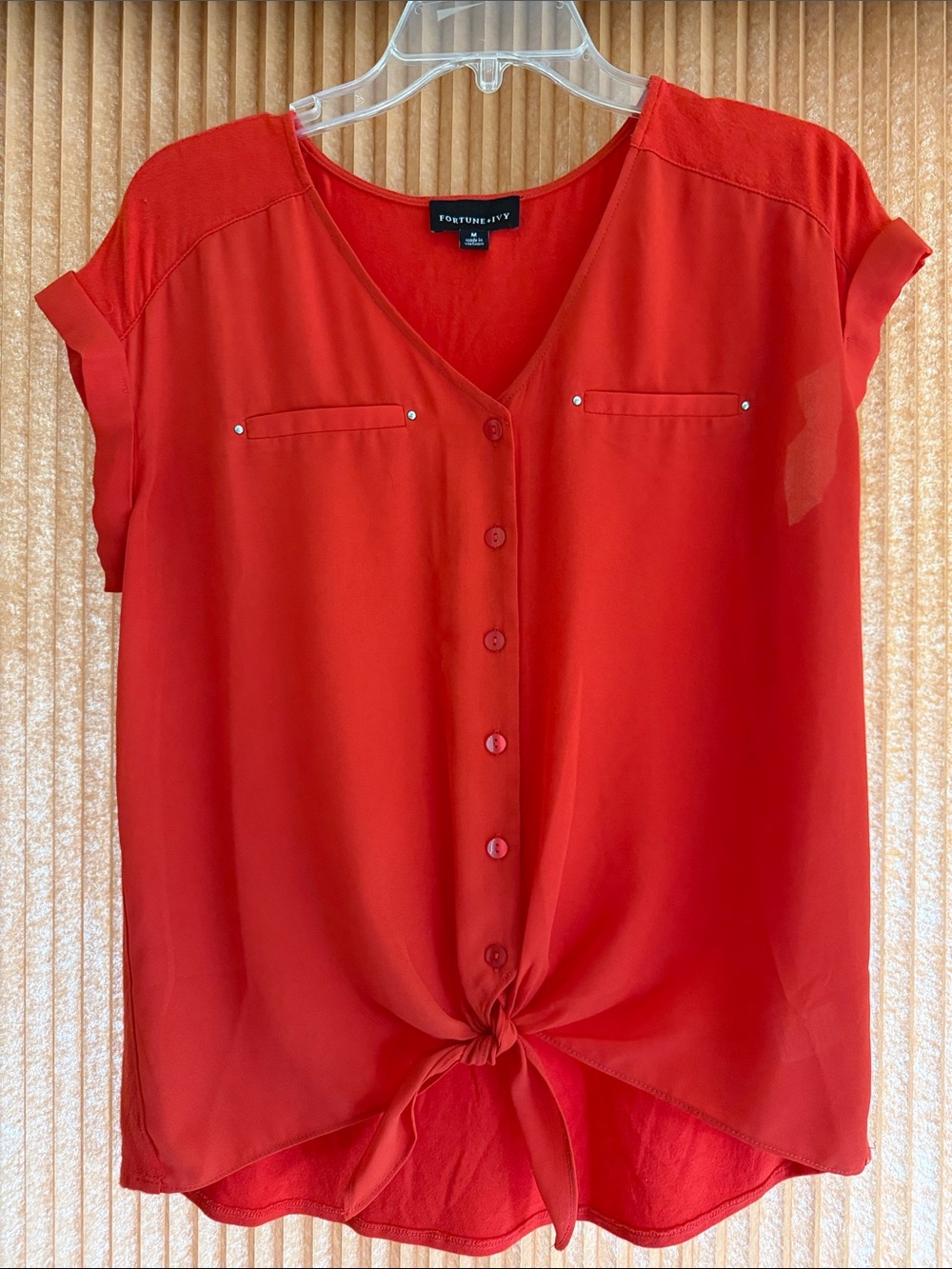 Fortune + Ivy Red/orange color Button-Front Tie Hem Blouse